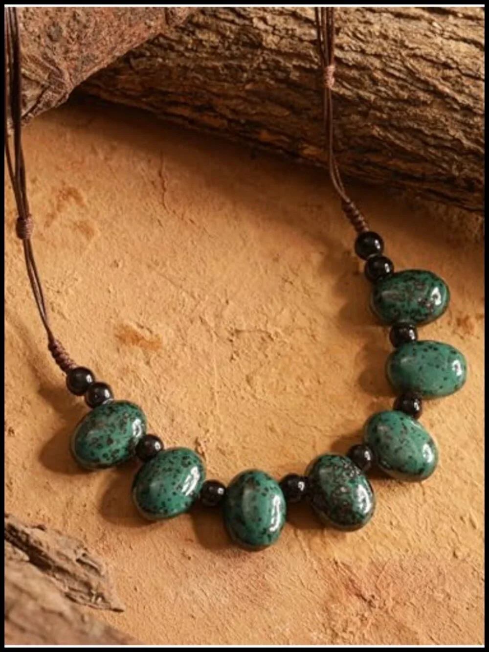 Bohemian Ceramic Beaded Strand Necklace Adjustable Sliding Cord